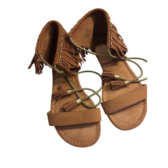 Mia Brown Fringe Gladiator Sandals 7M Tassel Details Gold Accents Open Toe - Picture 1 of 5